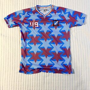 FC Malawi Soccer Shirt Julio #49 – Red Blue Geometric Print – Size S